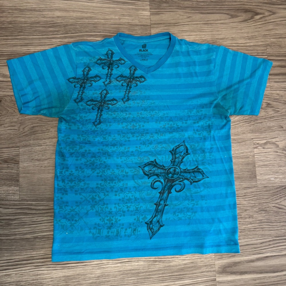 Vintage Y2K Black Graphic Tee Blue Striped Gothic Cross V-Neck Shirt Large